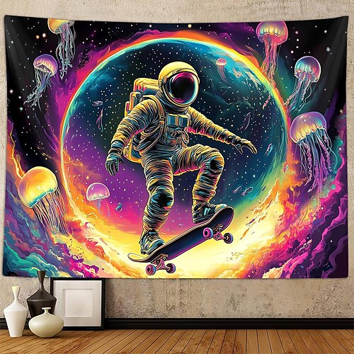 Psychedelischer Wandteppich mit Astronauten-Skateboarder-Weltraummotiv, Neonquallen, Galaxie, farbenfrohem Planeten, abgefahrener surrealer Kunst, Schlafzimmer, Spielzimmer, Studentenwohnheim-Dekor, Image