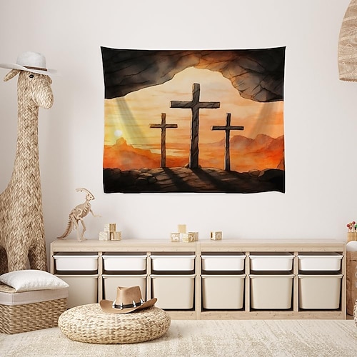 Ostern, christliches Kreuz, rotes Tuch, Auferstehung, Berg, Sonnenaufgang, Wandteppich, religiöse Dekoration, Schlafzimmer, Wohnzimmer, Kirche, spirituelles Geschenk, Wandbehang, Hintergrund Image
