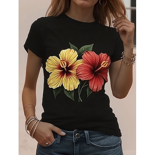 Damen T Shirt Druck Grafik Tiermotiv Pflanzen Vintage Stilvoll Klassisch Kurzarm Rundhalsausschnitt Rundhals Normale Oberteile Täglich Wochenende Schwarz Weiß Gelb Rosa Schwarz Weiß Sommer Frühling Image