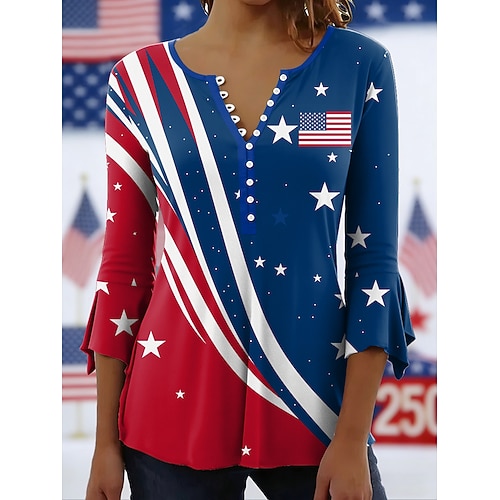 Unabhängigkeitstag Patriotische Damen Bluse Grafik Flagge Elegant Stilvoll 3/4 Länge Ärmel Rundhals Reguläre Tops Täglich Ausgehen Rüsche Knöpfe Weiß Rot Sommer Frühling Image