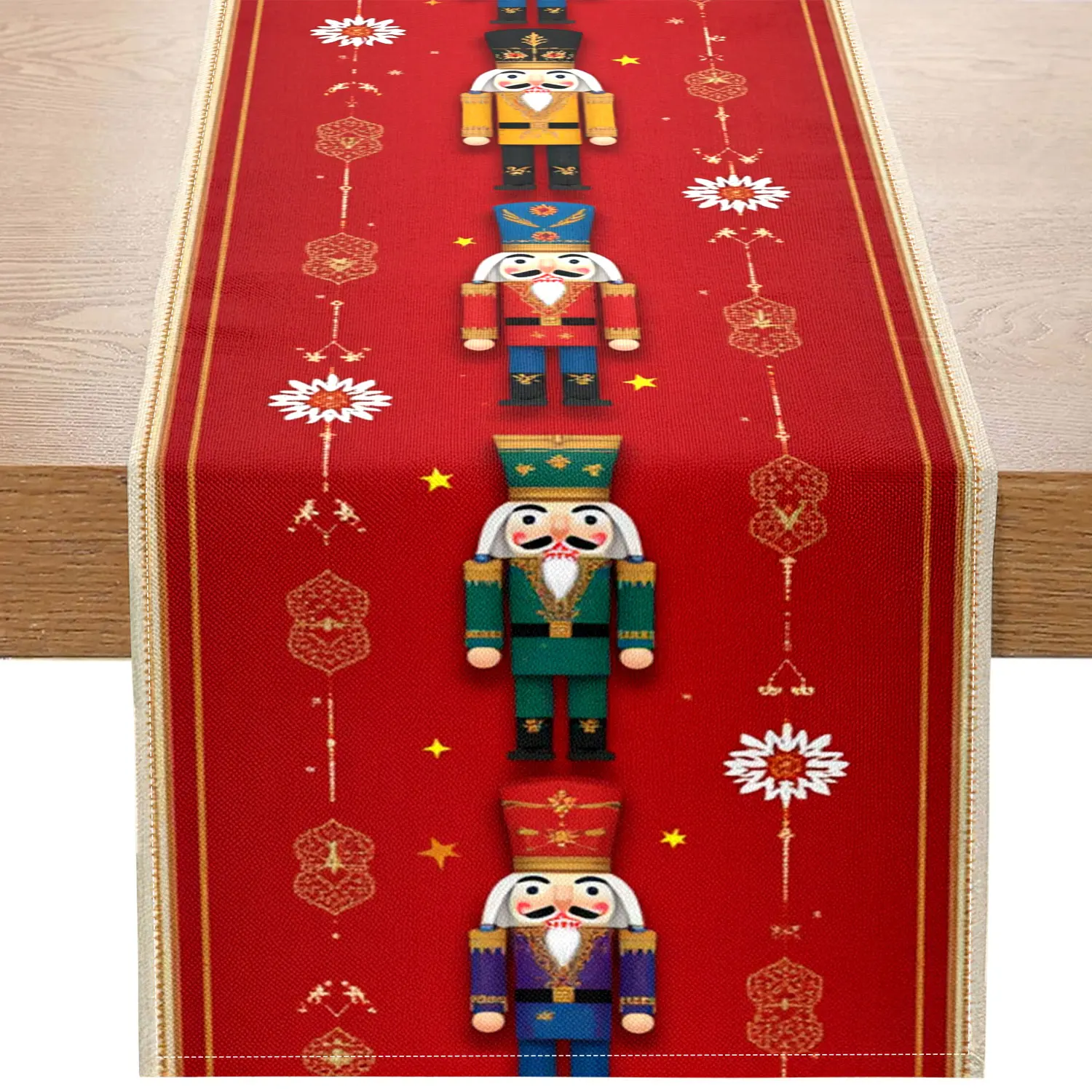 1 Stück Tischläufer mit Weihnachtsmotiv, Nussknacker, Weihnachtsbaum, Schneeflockenmuster, geeignet für Weihnachtsfeier, Urlaubsdekorationszene. Image