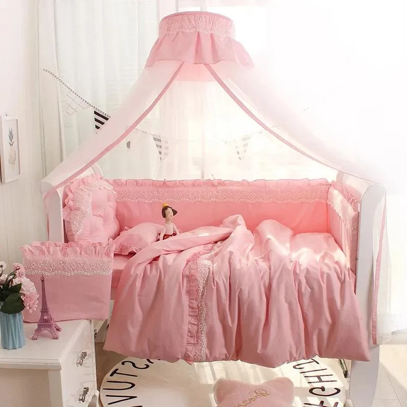 Baby Mädchen Kinderbett Stoßstange Baumwolle Spitze Prinzessin Stil Solide Baumwolle Mit Rüschen Bettlaken Baby Krippe Bettwäsche Set Kinderzimmer Dekor Image
