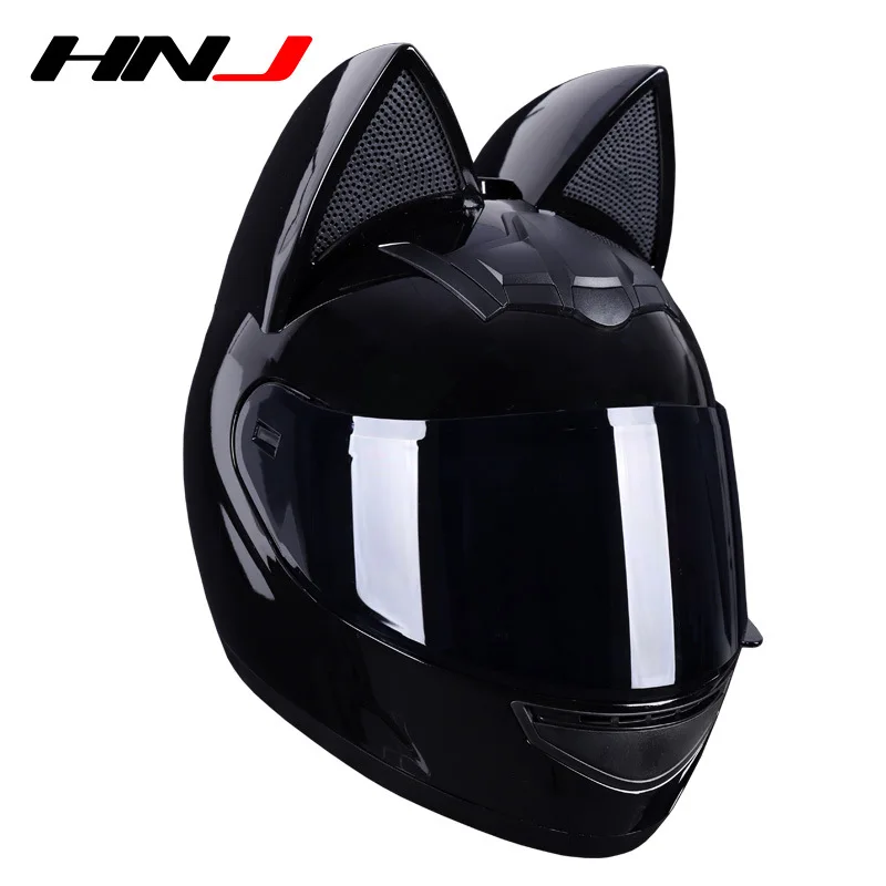 HNJ Sommer-Helm für elektrische Motorräder, Katzenohren, graue Schleife, für Männer und Frauen, niedlicher Motorrad-Vollhelm Image