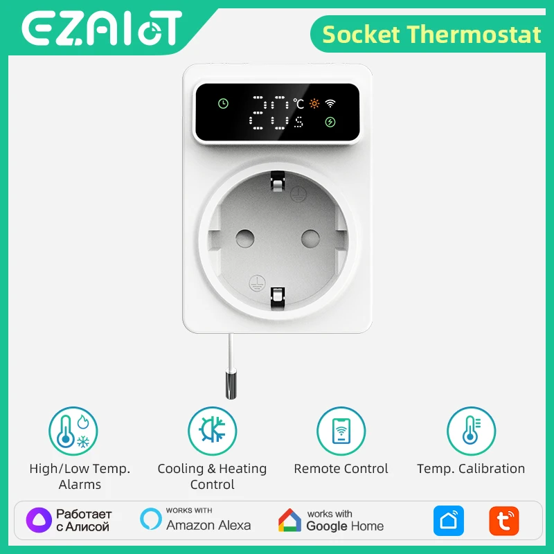 Tuya WLAN Digitaler Thermostat-Stecker 16A Präzisionsstecker Ferngesteuerter Temperaturregler Timer-Schalter Kühlung Heizung 3M NTC-Sensor Image