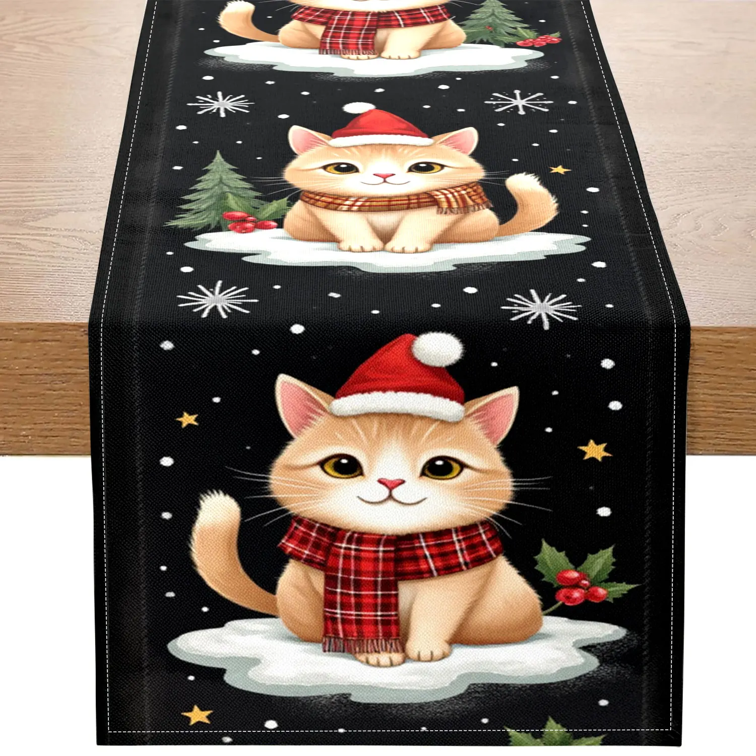 1-teiliger weihnachtlicher Tischläufer mit niedlichem Katzenmotiv, verziert mit einer Katze mit Mütze und Schal, Schneeflockenmuster, geeignet für Weihnachtsfeiern und Heimdekoration Image