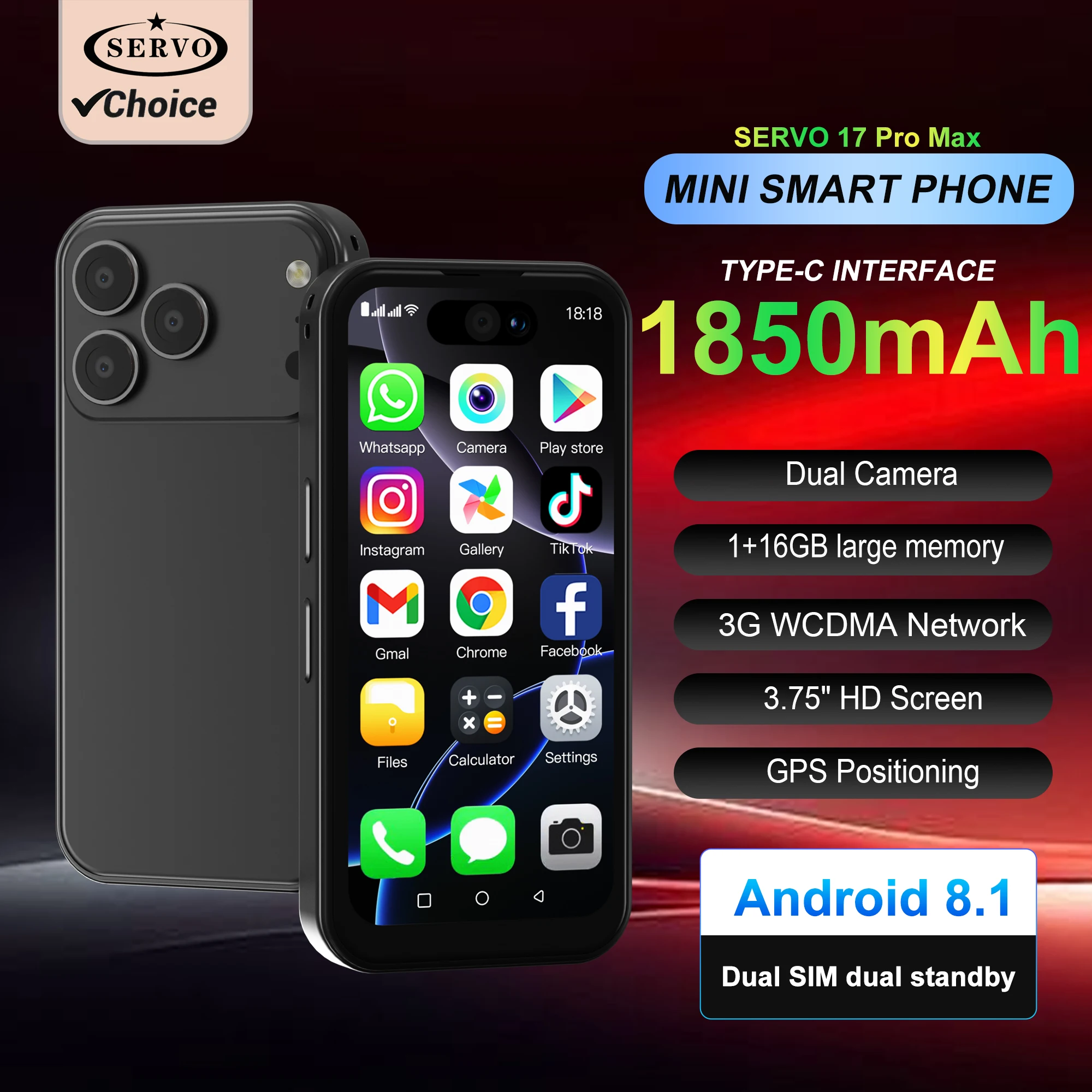 2025 Neues SERVO 17PRO MAX 3G Android Kleines Smartphone 16 GB Dual-SIM-Gesichtsentriegelung Play Store WhatsAPP Mini-Smartphones 3,75 Zoll