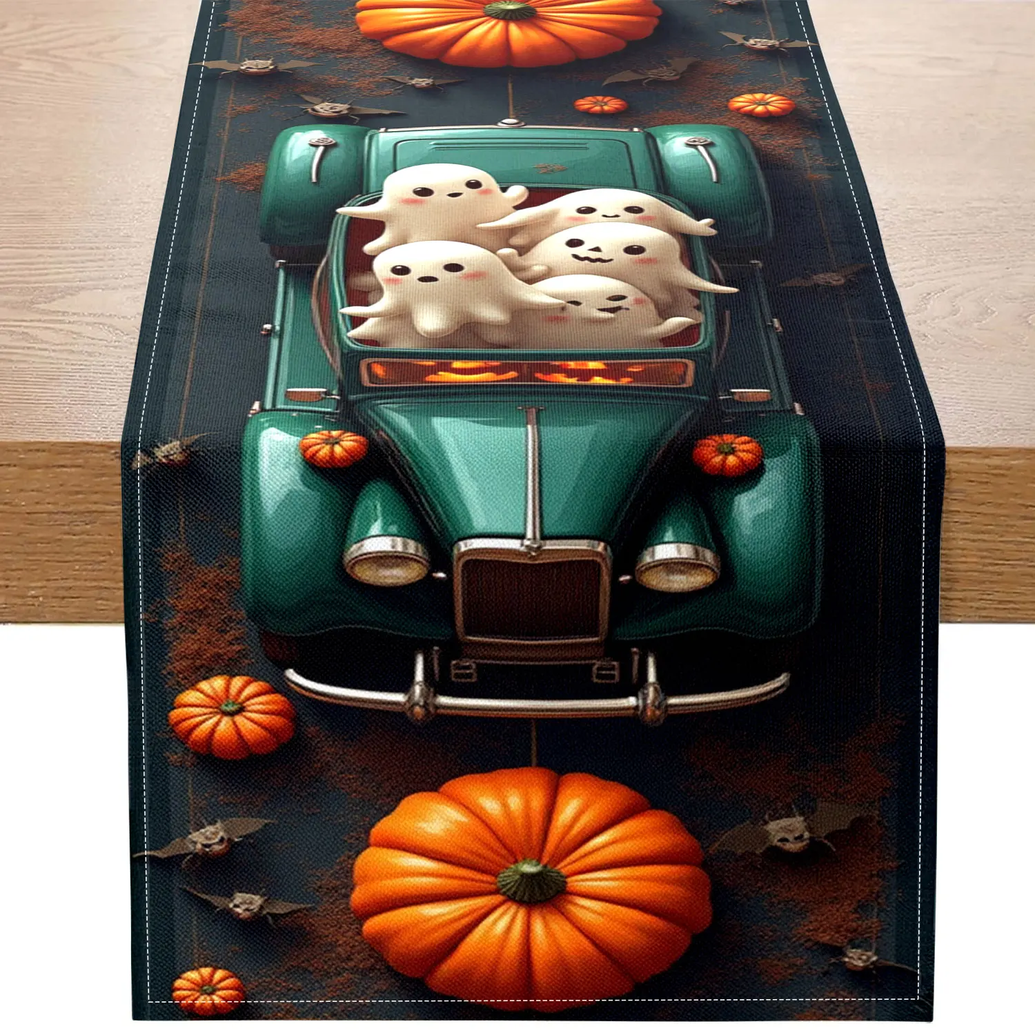 1-teiliger Tischläufer mit Halloween-Motiv, mit Kürbis-, Geister- und Vintage-Auto-Designs, geeignet für Halloween-Party-Dekorationen Image