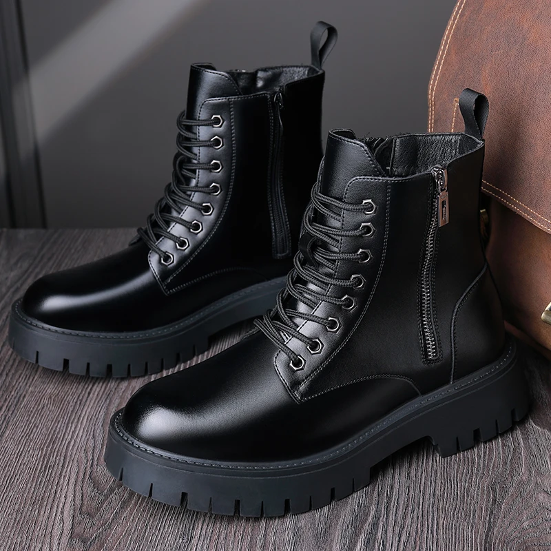 Retro Casual PU Leder Herren Motorrad Stiefel Mode Winter Plüsch Schnee Stiefel Bequeme Leder High Top Schuhe Mann Warme Botas