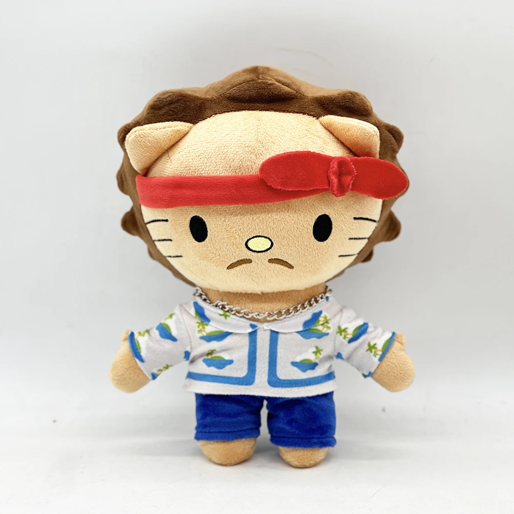 Kawaii Hello Kitty Bruno Mars Rotes Kopftuch Mädchen mit weißer Kleidung und blauer Hose Plüschpuppenfigur Stofftiere Fans sammeln G