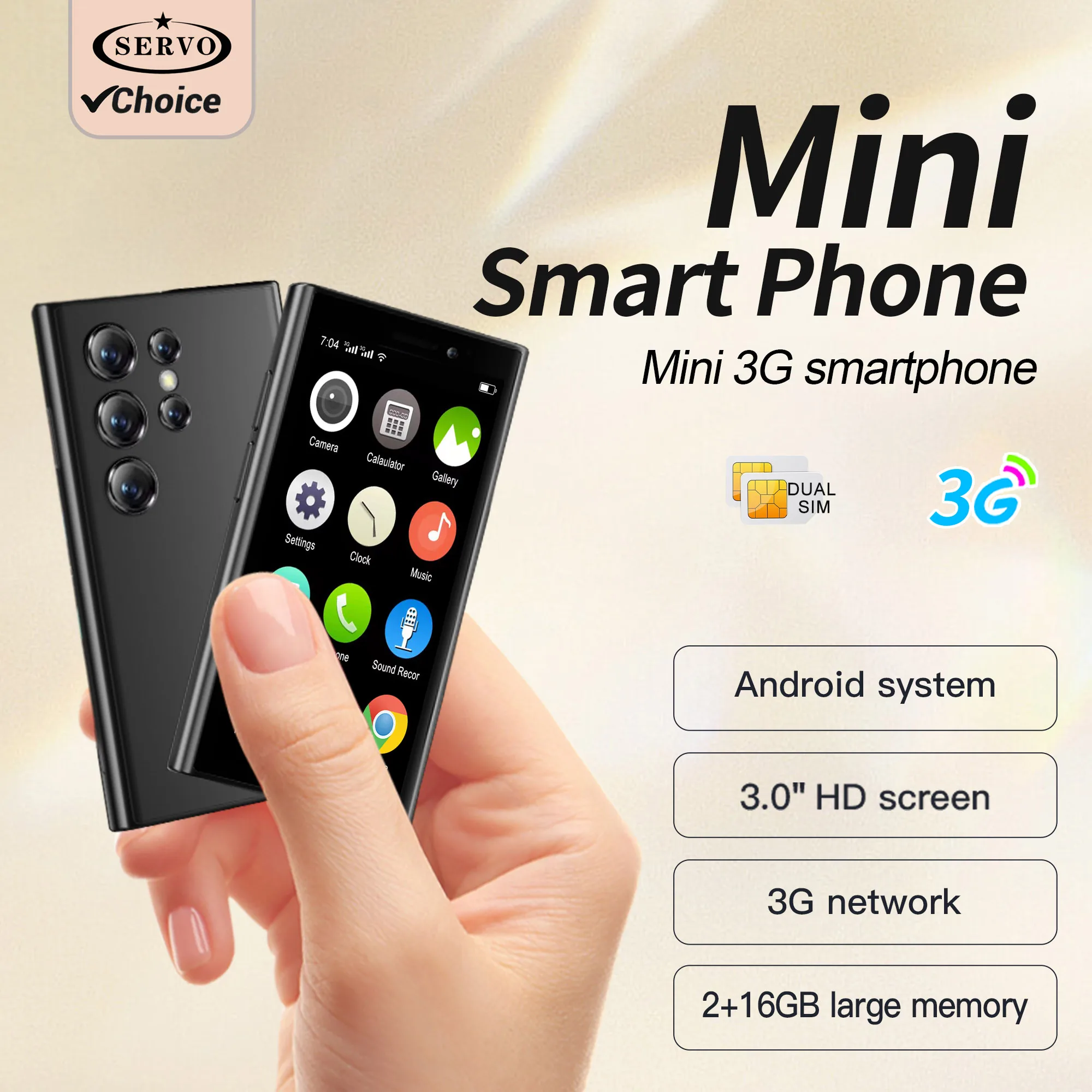 SERVO S26 3G WCDMA Mini-Smartphone Dual SIM Android 9.0 2 GB + 16 GB 3,0 Zoll HD WIFI Google Play Face Unlock Kleines Mobiltelefon Typ C