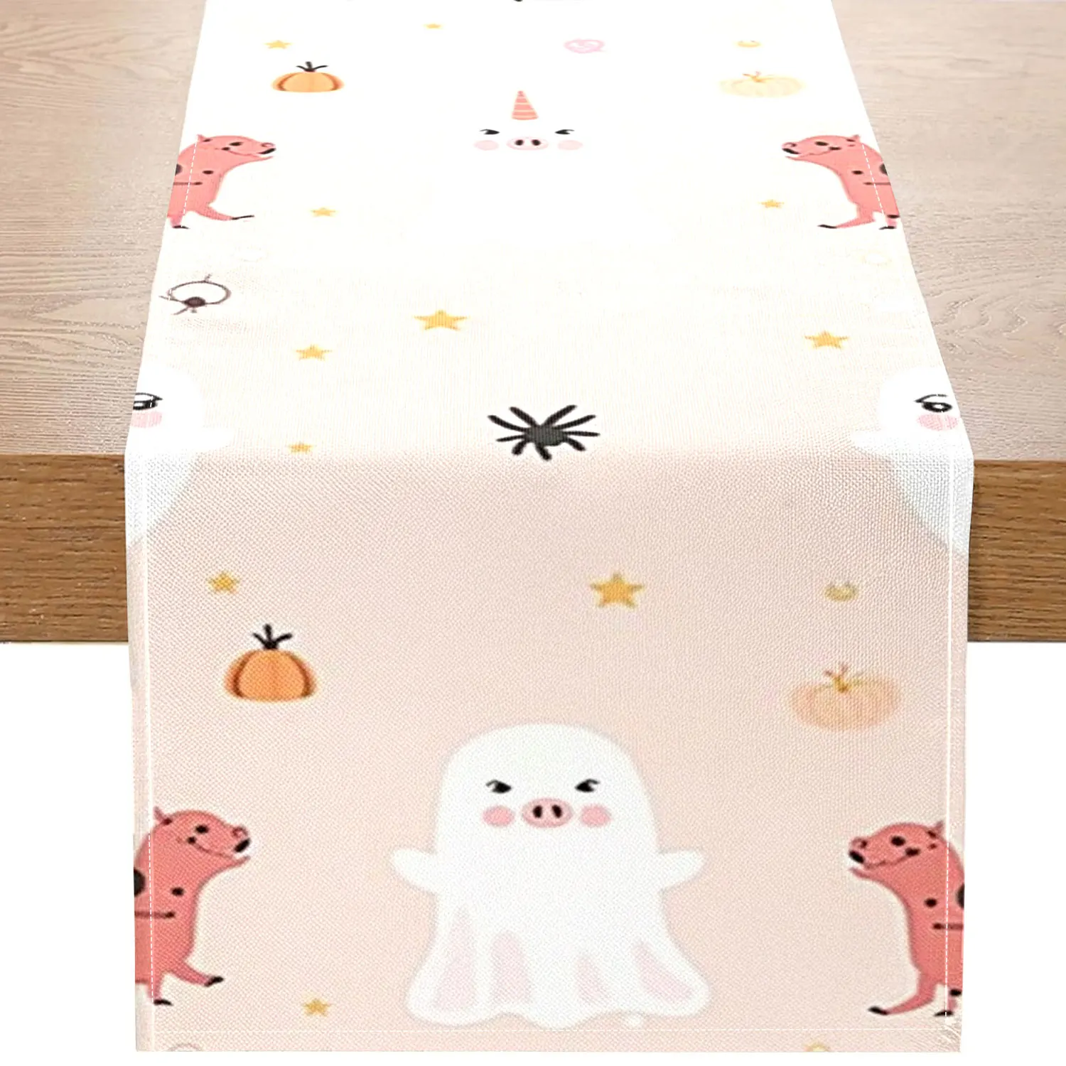 1-teiliger Halloween-Tischläufer mit niedlichen Haustieren, der rosa Dinosaurier, Geisterkürbisse und Spinnenmuster darstellt, geeignet für Kinder Image