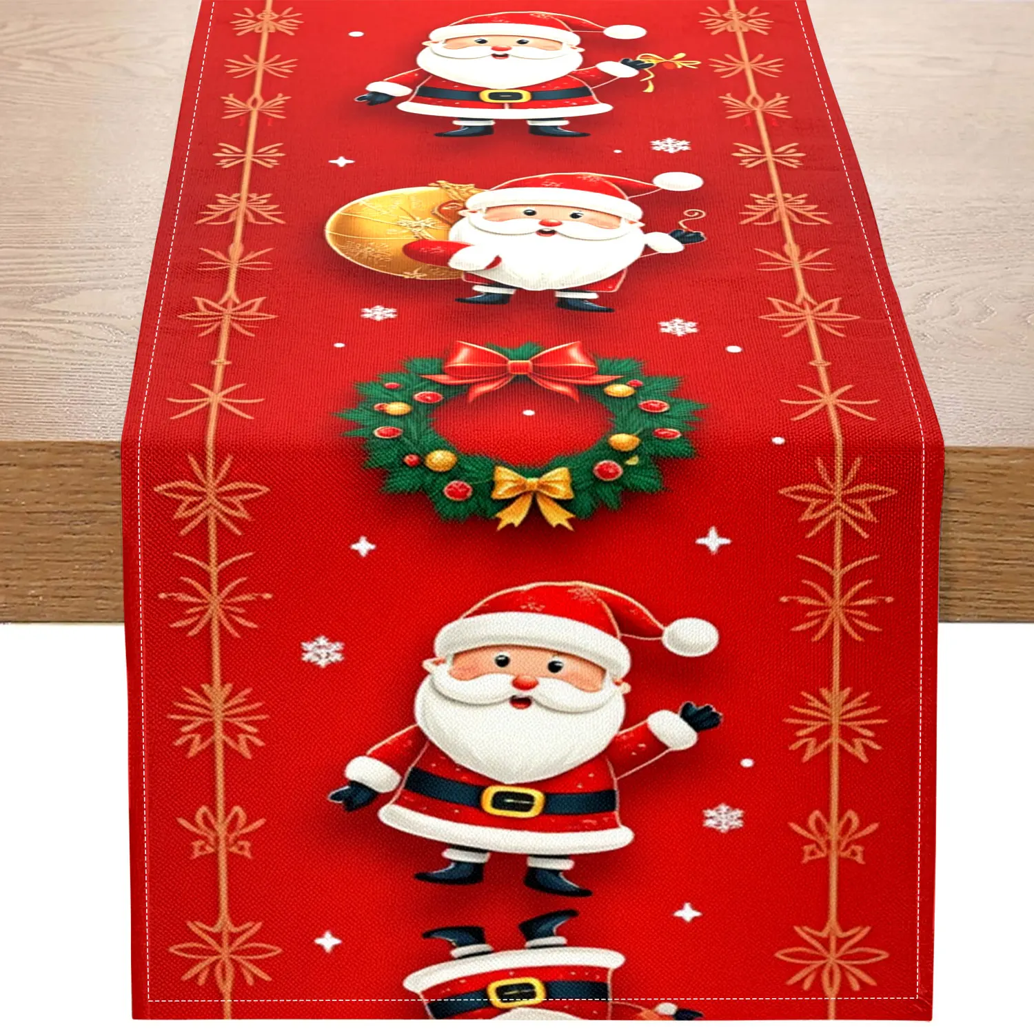 1-teiliger Tischläufer mit Weihnachtsthema, mit Weihnachtsmann- und Kranzmustern, geeignet für Weihnachtsfeiern und Weihnachtsdekoration Image