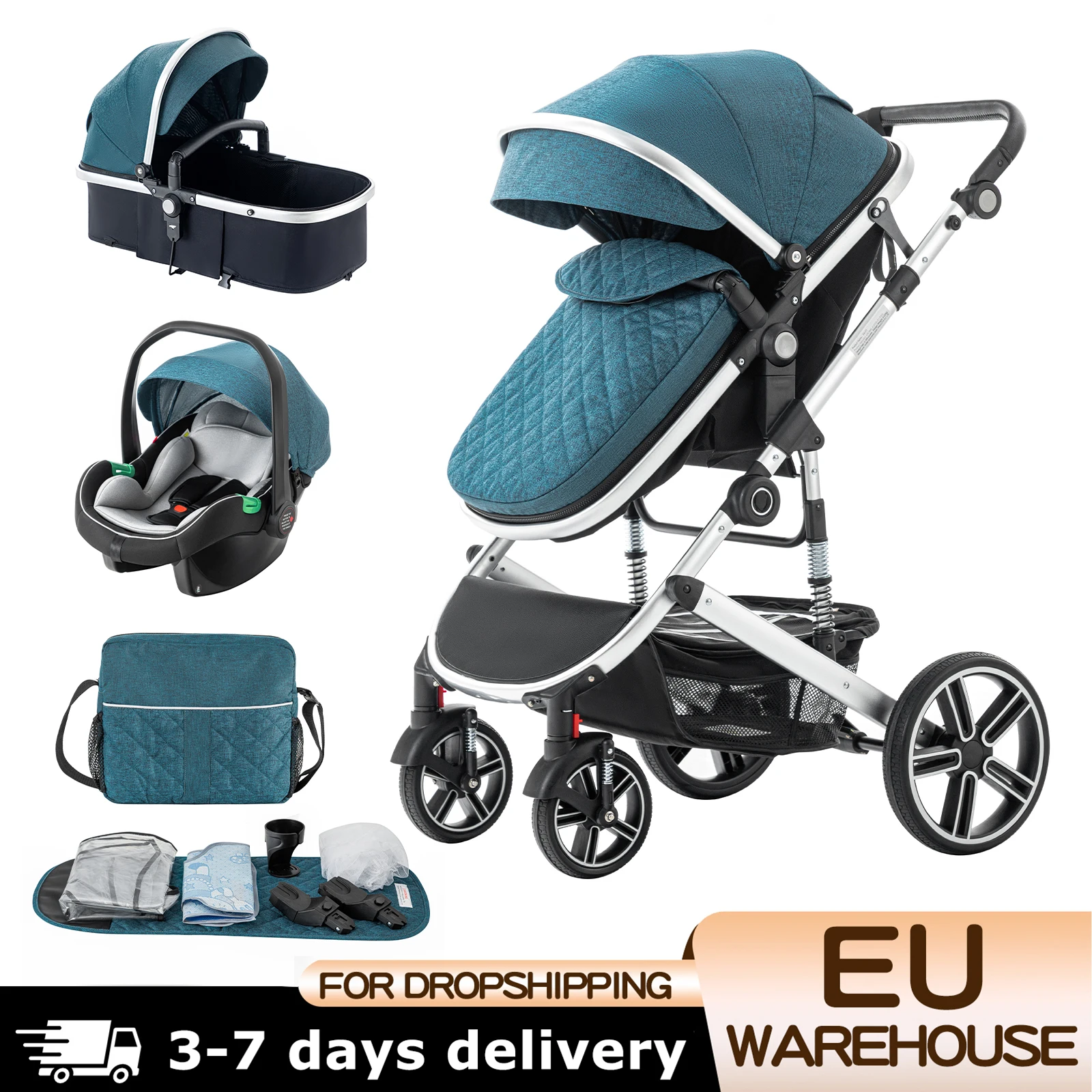 3-in-1-Babykinderwagen, Reisekinderwagen mit hoher Landschaft, verstellbarer Griff mit Moskitonetz, Kinderwagen mit Aluminiumrahmen Image