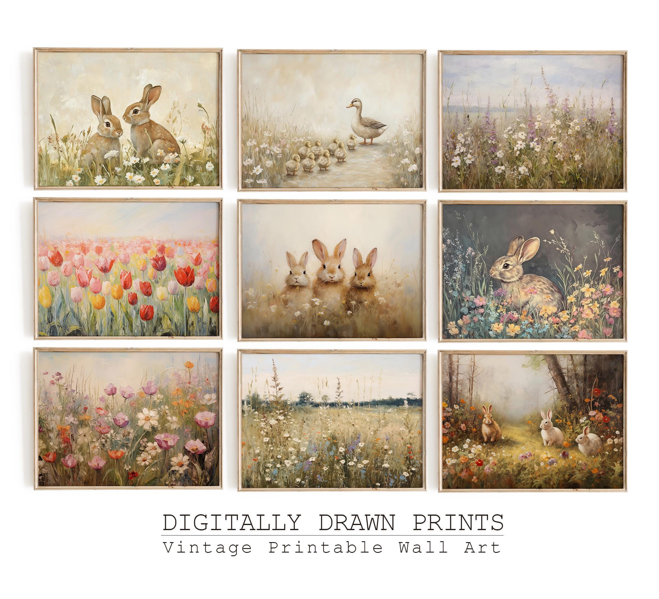 Set di 9 stampe da parete primaverili vintage stampabili, dipinti di coniglietti pasquali, decorazioni primaverili da fattoria, stampe digitali florea
