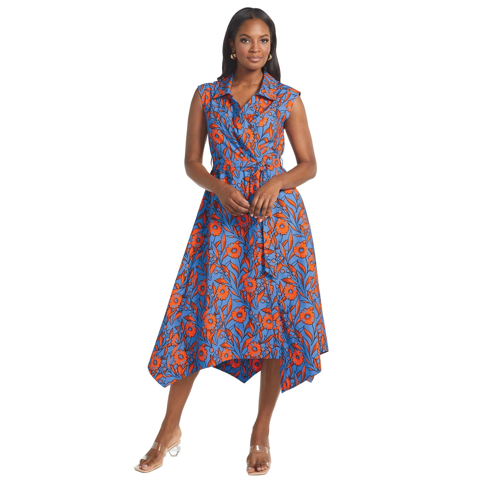 Masseys Sleeveless Shirt Dress (Size 5X) Blue Orange Floral, Cotton,Rayon
