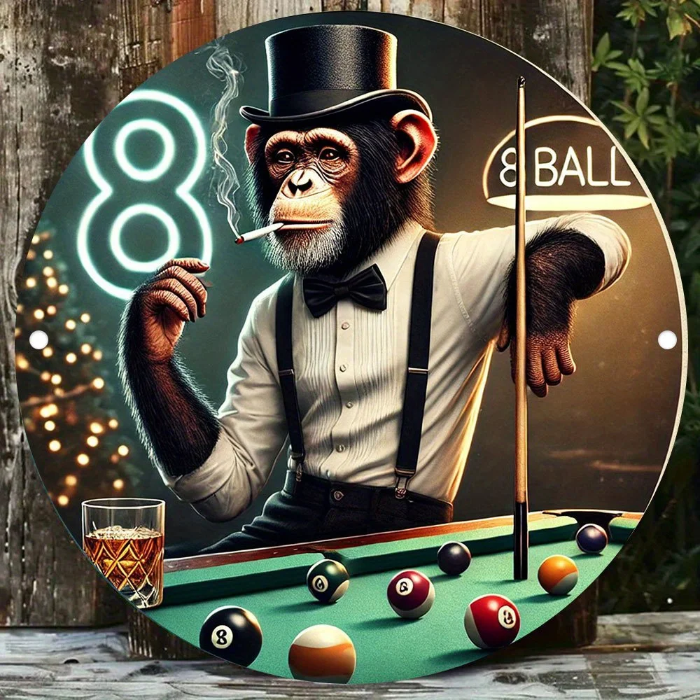Vintage Billiards Monkey Rundes Aluminium-Metallschild, 8 Zoll, Retro-Wanddekoration, Plakette für die Hausbar Image