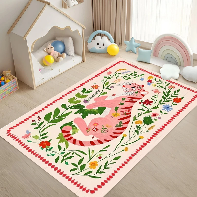 Verspielter Rosa Tiger Blumen-Teppich Boho Botanischer Teppich Rutschfeste Spielmatte für Wohnzimmer Kinderzimmer Schlafzimmer Heim-Dekoration Image