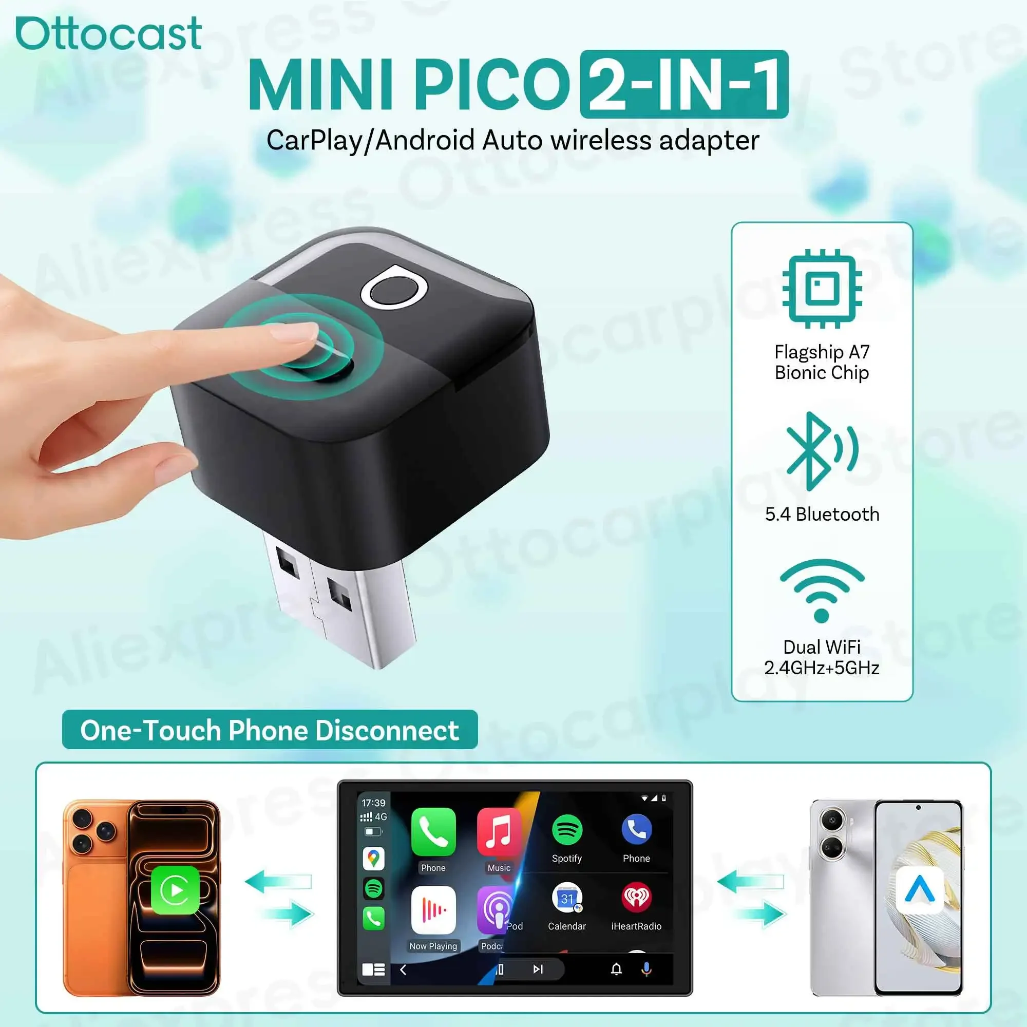 OTTOCAST Mini Pico 2026 Kabelloser CarPlay Android Auto Adapter für iPhone & Android-Telefone Auto-Zubehör für VW Toyota Ford Benz Image