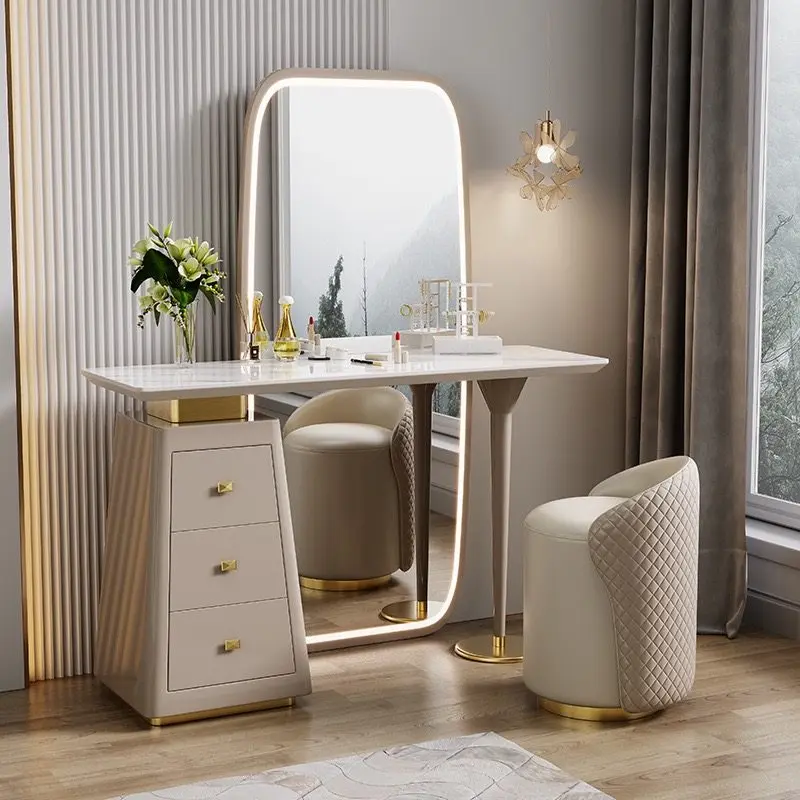 Nordischer Luxus-Schminktisch in Silber und Naturcreme, Moderner Frisiertisch mit Stauraum für Schlafzimmer, Coiffeuse Chambre Möbel für Zuhause Image