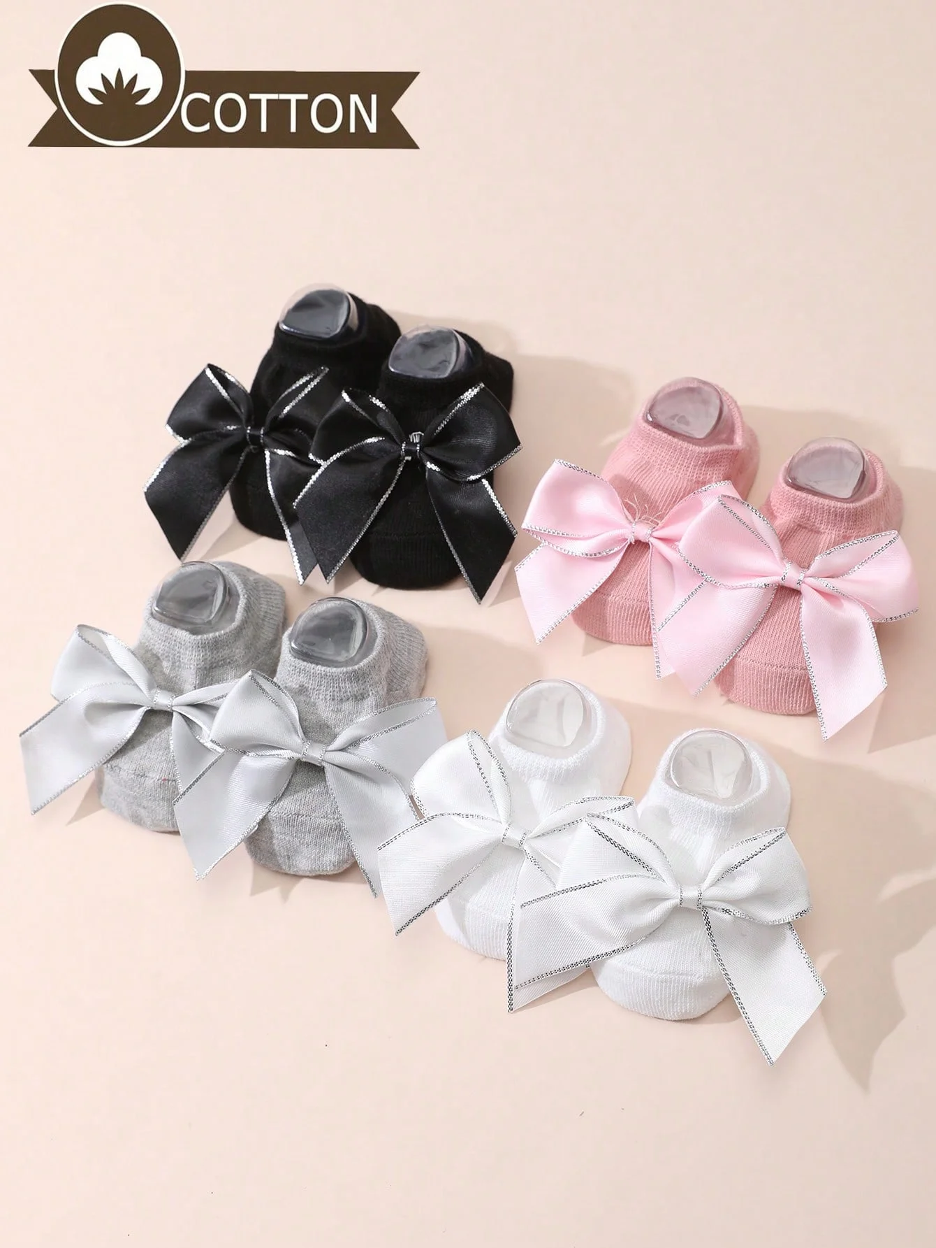 4 Paar kurze Söckchen für Babys mit Schleifenverzierung, rutschfeste Socken im Prinzessinnen-Stil, geeignet für Babys, die laufen lernen Image
