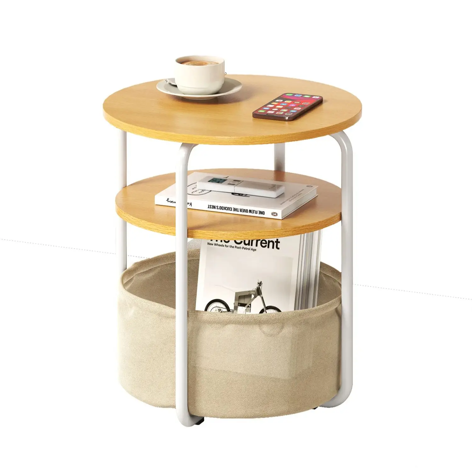3-stufiger runder Beistelltisch mit abnehmbarem Stoff-Aufbewahrungskorb, Akzent-Sofatisch für Wohnzimmer und Schlafzimmer