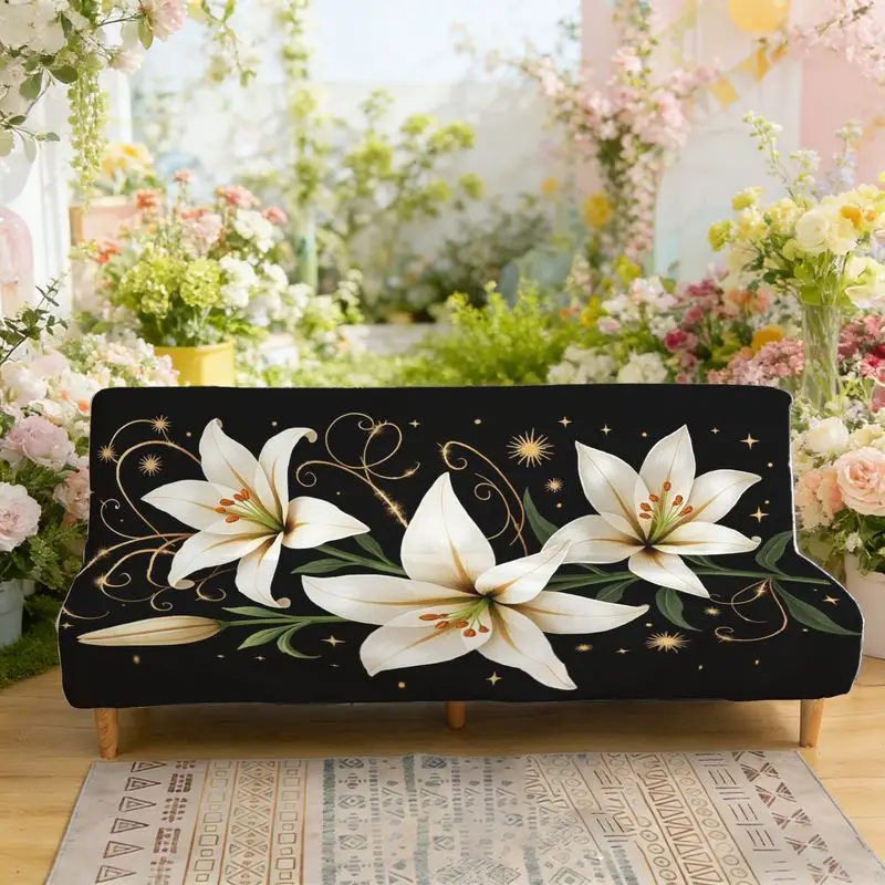 Stretch-Schlafsofa mit flachem Druck, armloser Sofabezug, elegantes weißes Lilienmuster Image