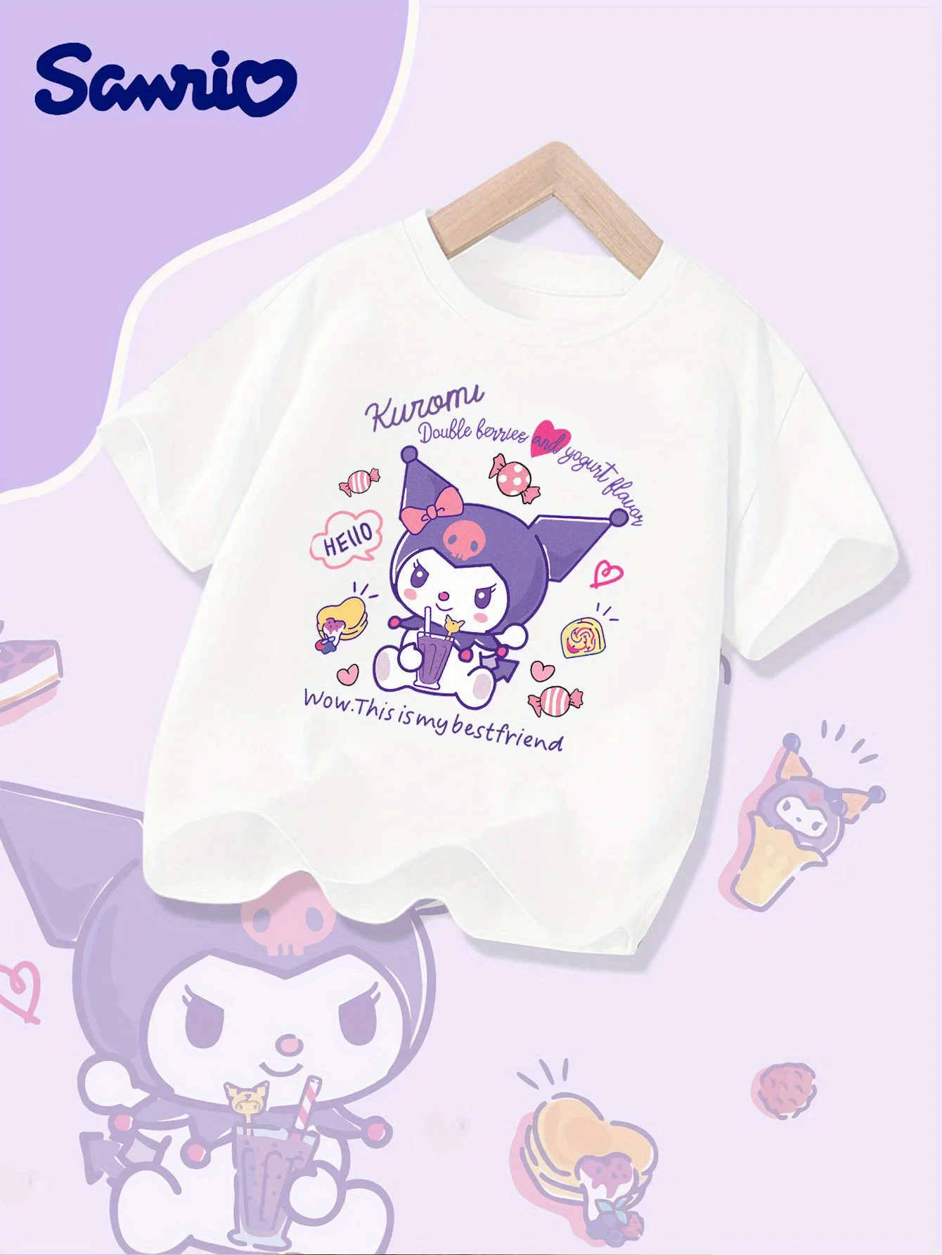 Sanrio Hello Kitty Red Ribbon Niedliches Muster Sommer-Kinder-T-Shirt aus 100 % Baumwolle, weich und bequem, trendig und modisch Image