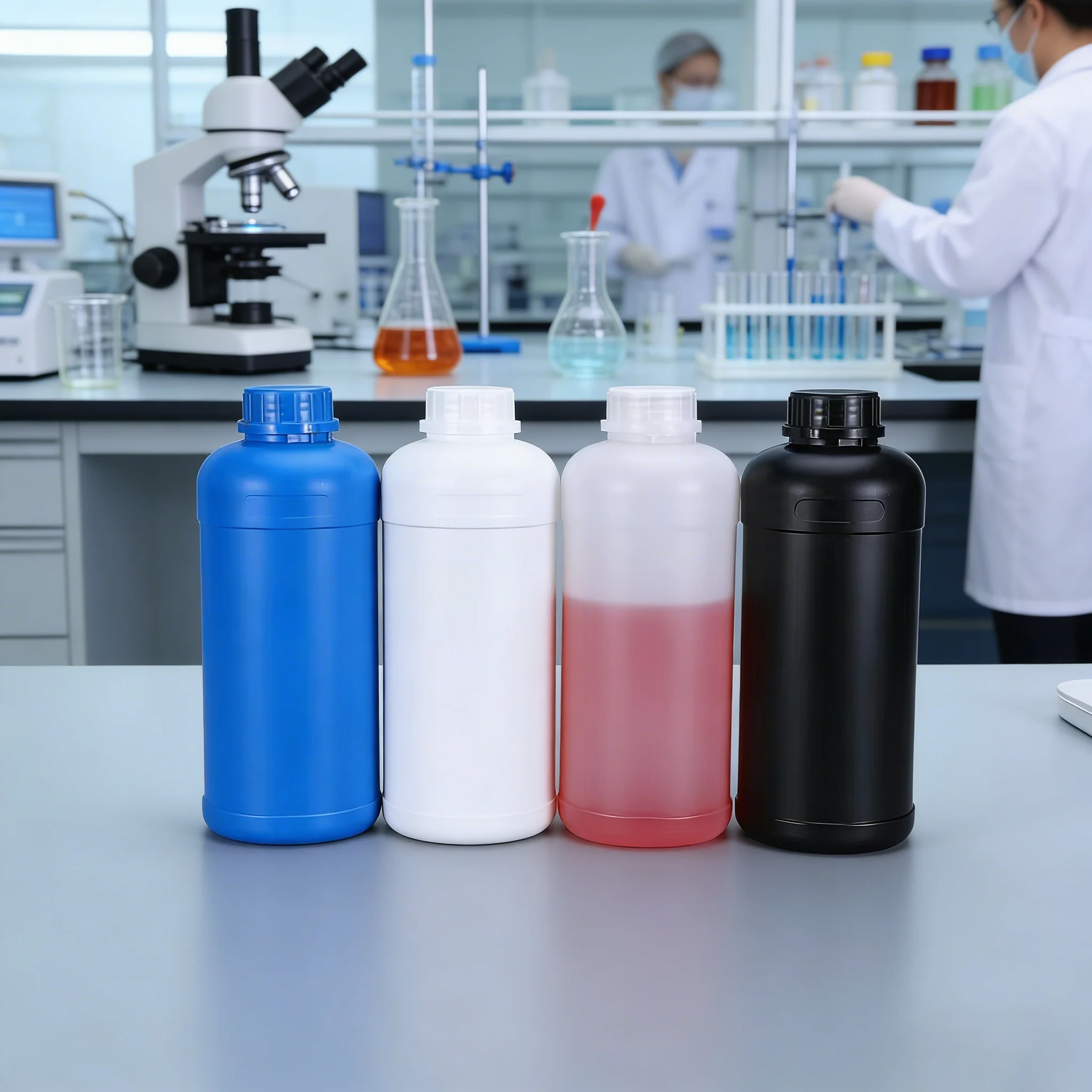 4 Stück mehrfarbige 250/500/1000 ml breite Öffnung HDPE-Flasche mit Deckel | Auslaufsicherer Laborreagenz-/Probenvorratsbehälter in Lebensmittelqualität Image