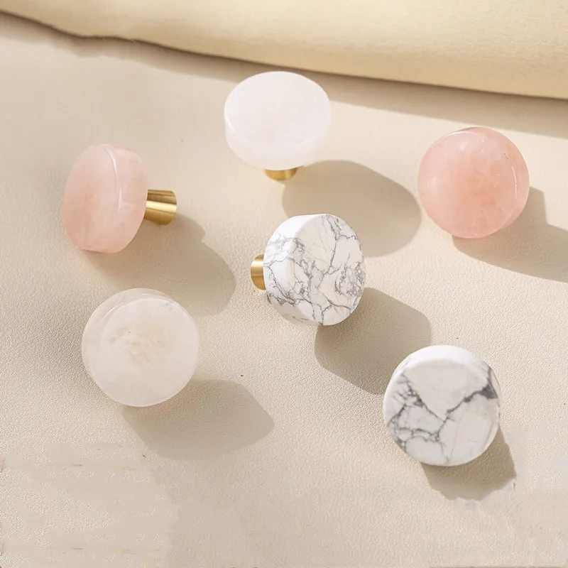 Naturstein-Messingknopf, runder Möbelgriff für Weinschrank, Schublade, Tür, nordischer Stil, weiß, Einlochmontage, kleiner Griff