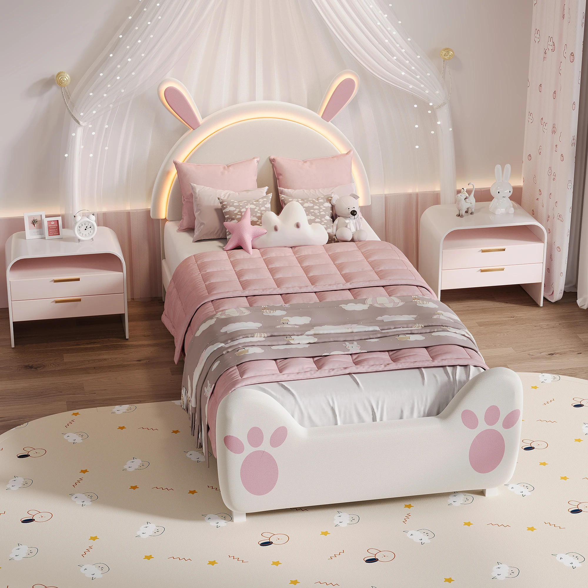 Roshanda Kinderbett, niedliches Hasen-Design, 90/140x200cm, Einzelbett, mit LED-Beleuchtung, für Kinderzimmer und Kinderzimmer Image