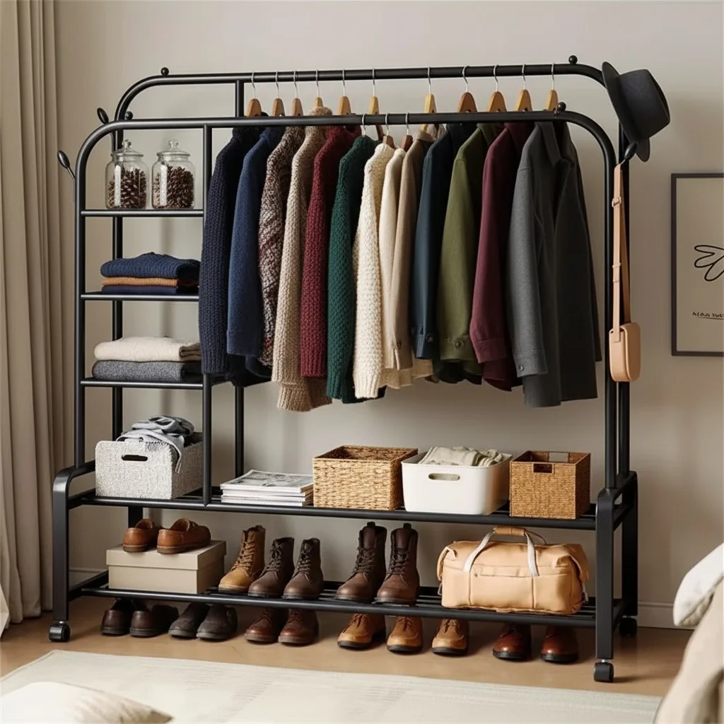 Robuster Doppel-Kleiderständer mit Ablagefächern, Rollbarer Kleiderständer, Metall-Kleiderschrank ohne Türen Image