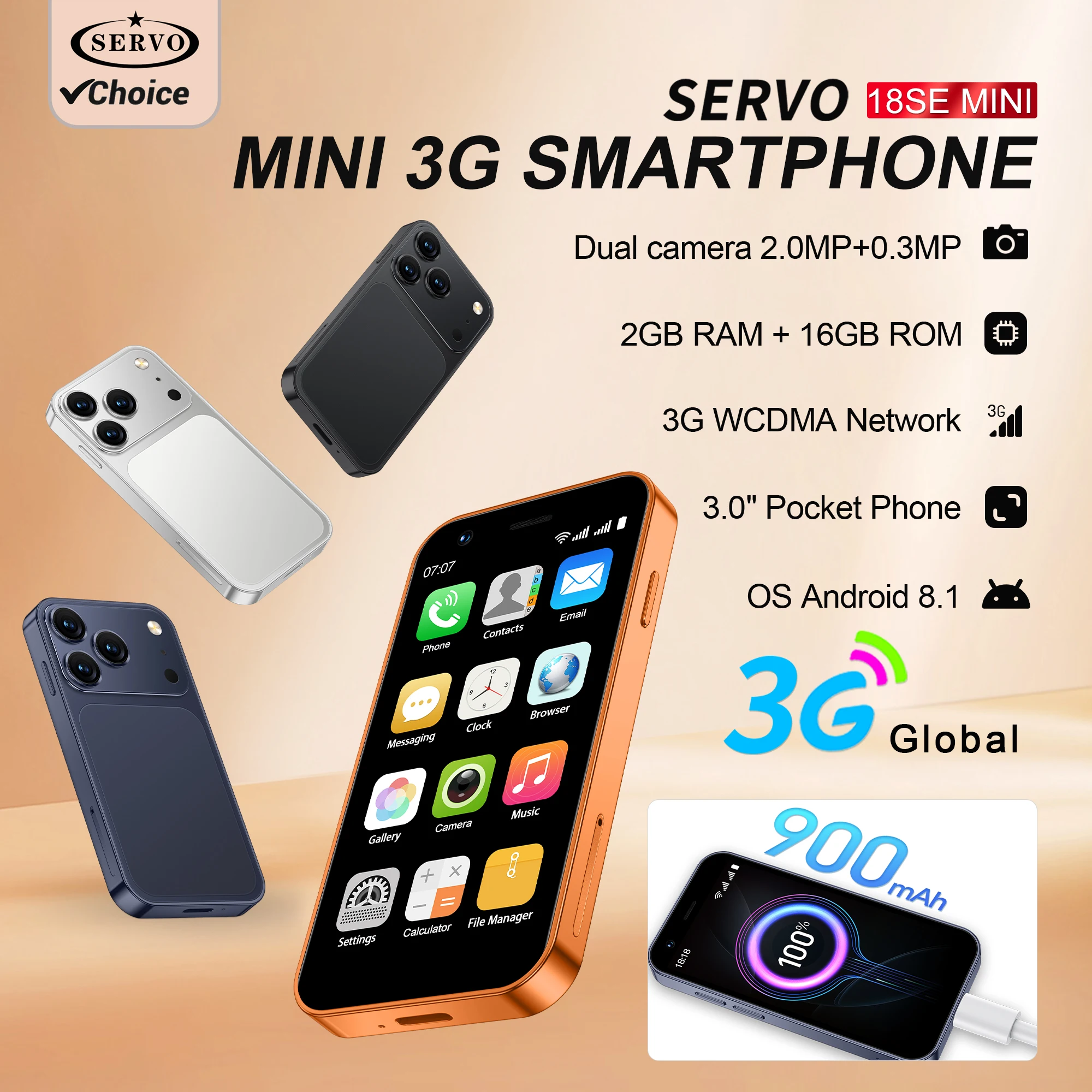 SERVO 18SE Mini Android Pocket Smartphone 3G WCDMA Cellular Face Unlock Handy 3,0" Display 16GB WiFi 2MP Kamera Mobiltelefon Image