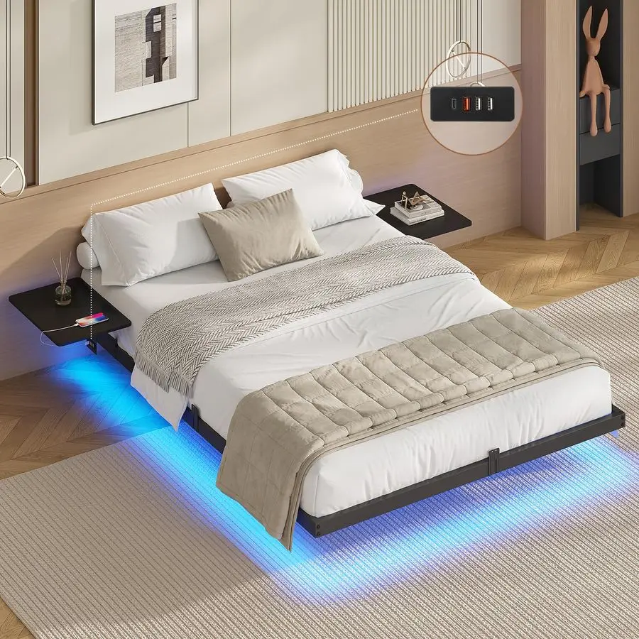 Bettgestell 140 x 200 cm Bett 140 x 200 cm mit LED-Beleuchtung und Ladestation Schwebendes Bettgestell mit Ablagefächern Metall Image