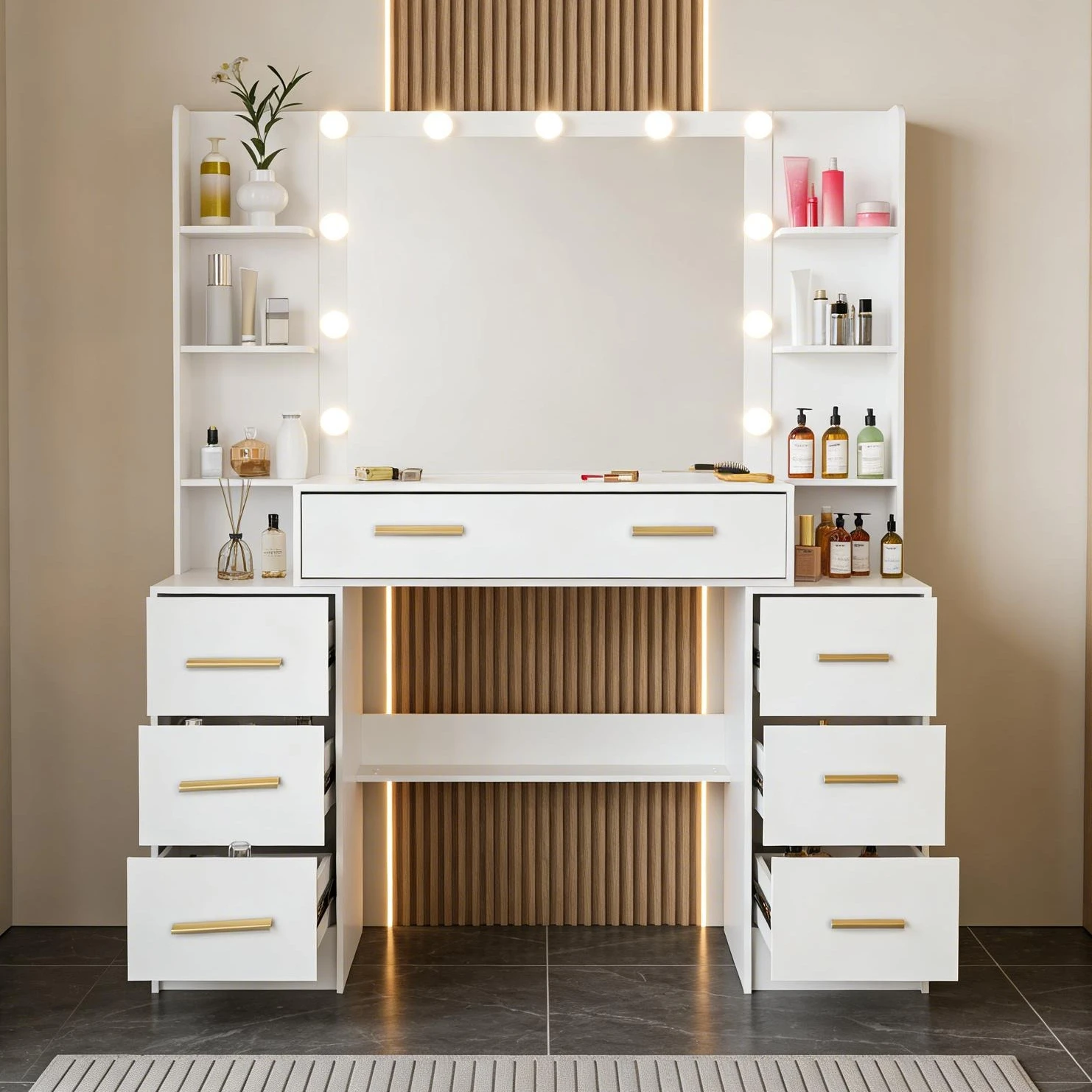 Teousev Weißer Moderner Schminktisch mit 7 Schubladen, Goldfarbenen Griffen, LED-Glühbirnen, Beleuchteter Spiegel, 3-Farben Dimmbar, Schlafzimmer-Schminktisch Image