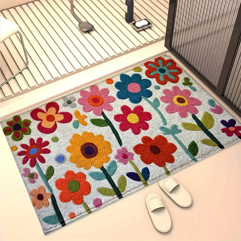 VIKAMA Bunte Wildflower-Fußmatte, verspielter, handgezeichneter Stil, rutschfester, schmutzabweisender Teppich für den Eingangsbereich des Hauses, Veranda-Bodenmatte Image