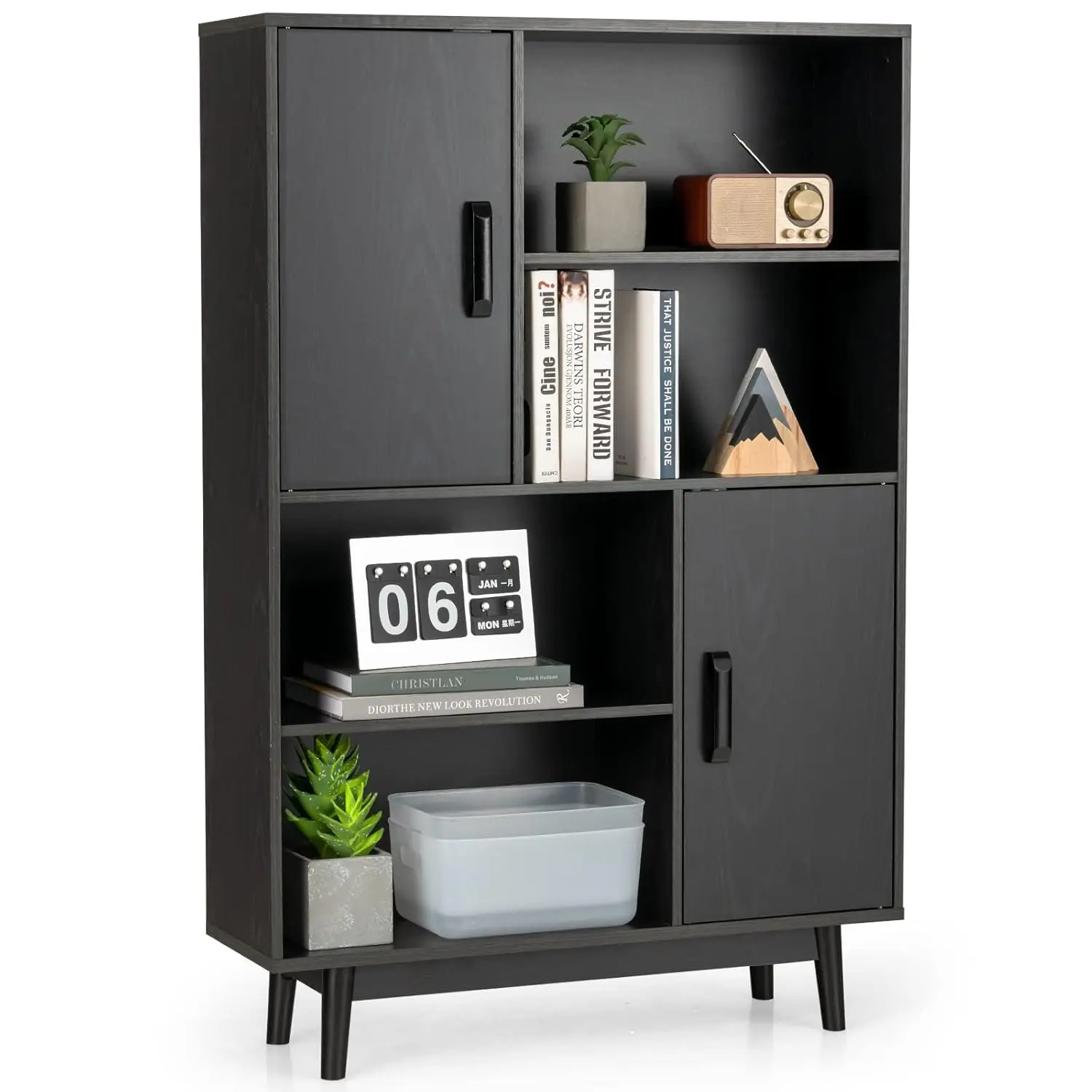 Bücherregal mit 2 Türen und 4 offenen Regalen, Bücherregal aus Holz, Standregal, Holzregal, Aufbewahrungsregal für Wohnzimmer, Arbeitszimmer, K Image