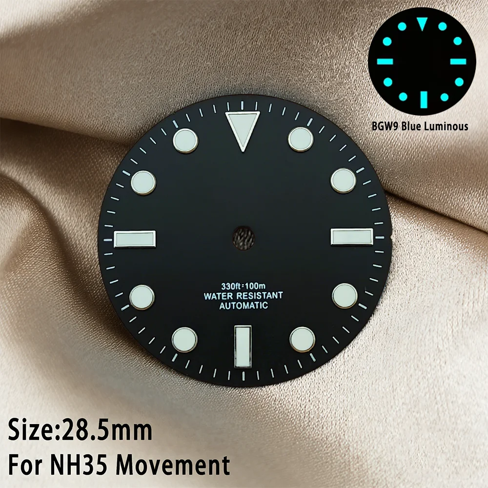 NH35 Zifferblatt 28,5MM Uhrenzifferblatt NH36 Zifferblatt NH35 SUB Zifferblatt BGW9 Blau Leuchtend NH35 Zifferblatt mit Zeigern Kalender Uhrenzifferblatt Modifikation Image