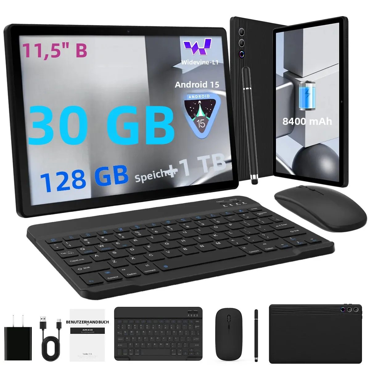 URAO G9 11,5 Zoll Tablet Android 15 30GB+128GB+1TB Erweiterbar 8400mAh 2K 1200x2000 HD IPS Bildschirm WiFi 6 Dual-Kamera Widevine L1 GMS Image