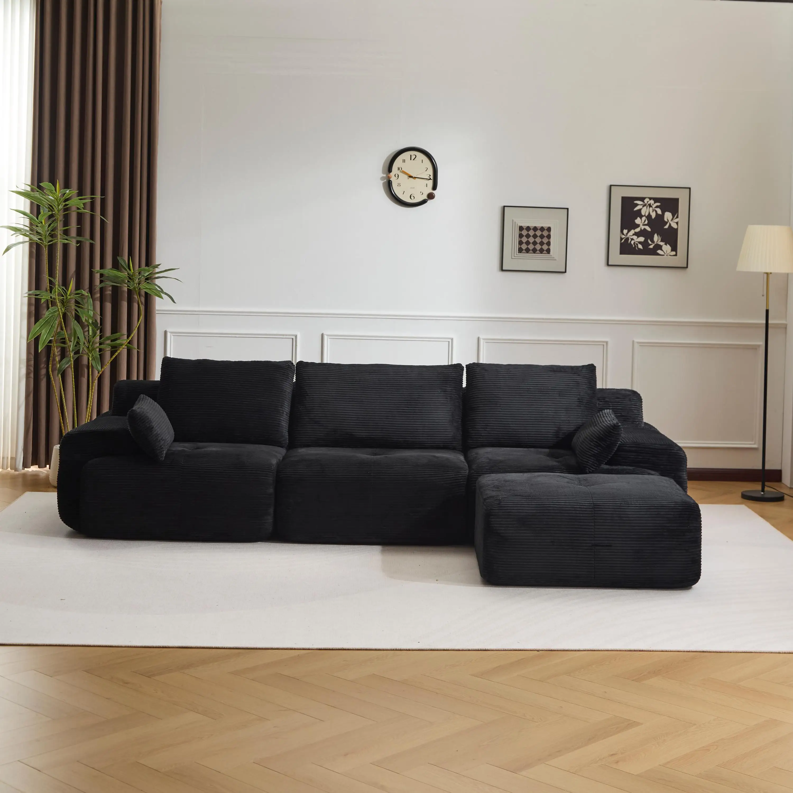 Schwarzes 3-Sitzer Kompressionssofa, Cord-Loveseat mit Kissen, Montagefreies Sofa, Freie Kombinationsmöglichkeit für Wohnzimmer Image