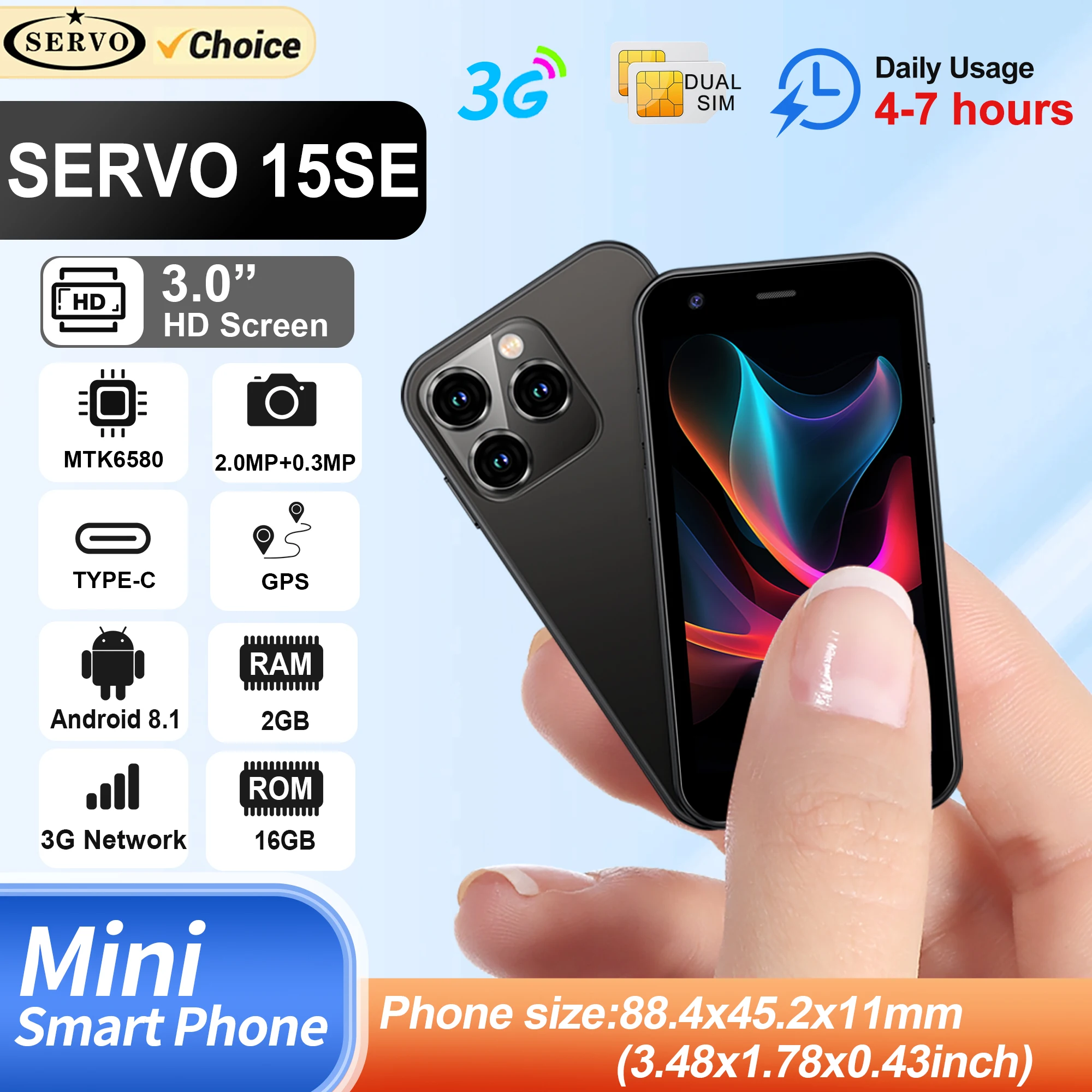 SERVO Mini-Smartphone, 3,0-Zoll-Display, 2 GB + 16 GB, 3G WCDMA, Gesichtserkennung, WLAN-GPS, Play Store, Android-Smartphone, Dual-SIM-Standby