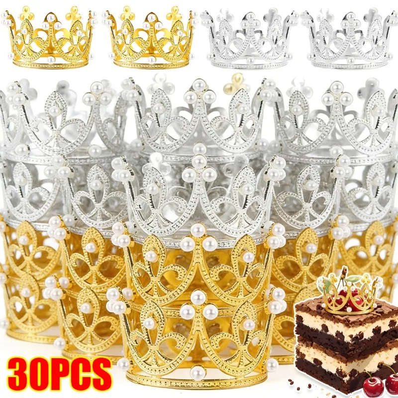1/30 Stück Perlen-Kristall Mini-Krone Kuchendekoration Hochzeitsblumenstrauß Goldene Krone Deko Königin Prinzessin Haarschmuck Diademe Ornament Image