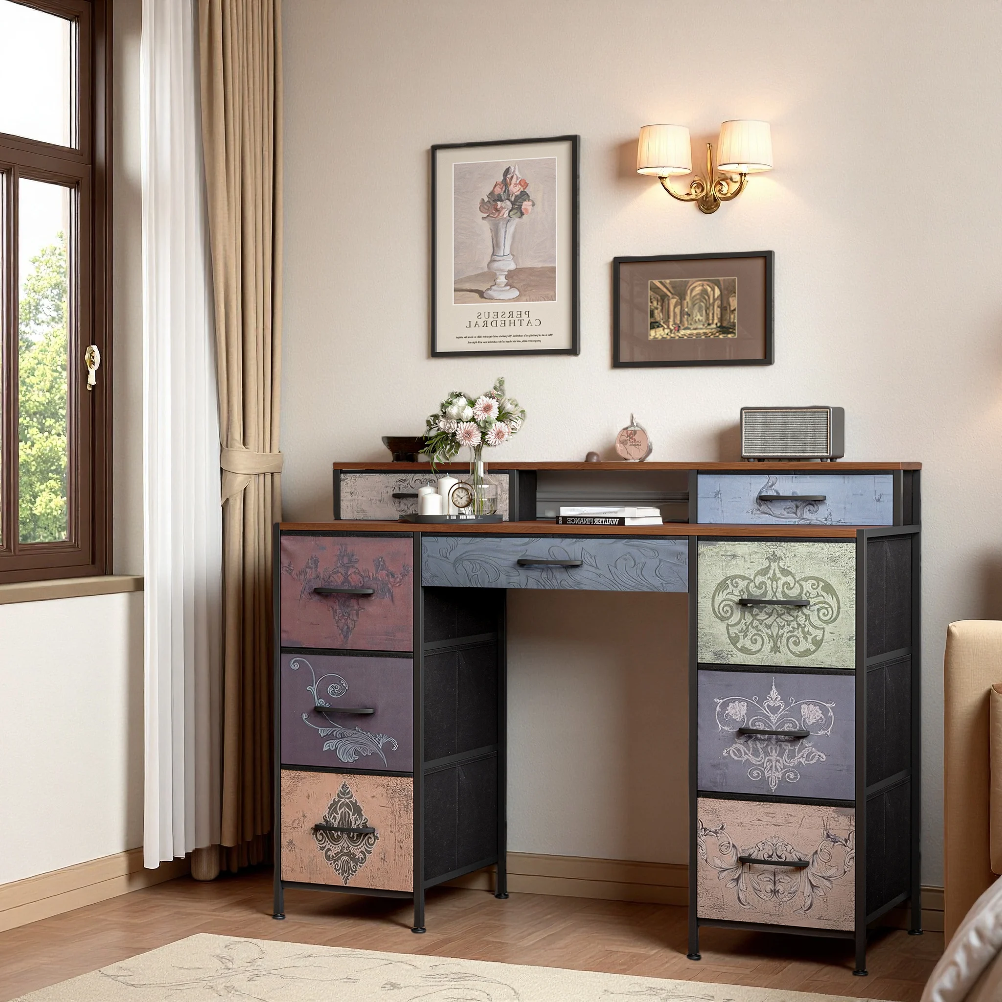 Superaly 121x40x91,2cm Kommode mit 9 Schubladen, Vintage-Schminktisch mit offenen Regalen, Kosmetiktisch