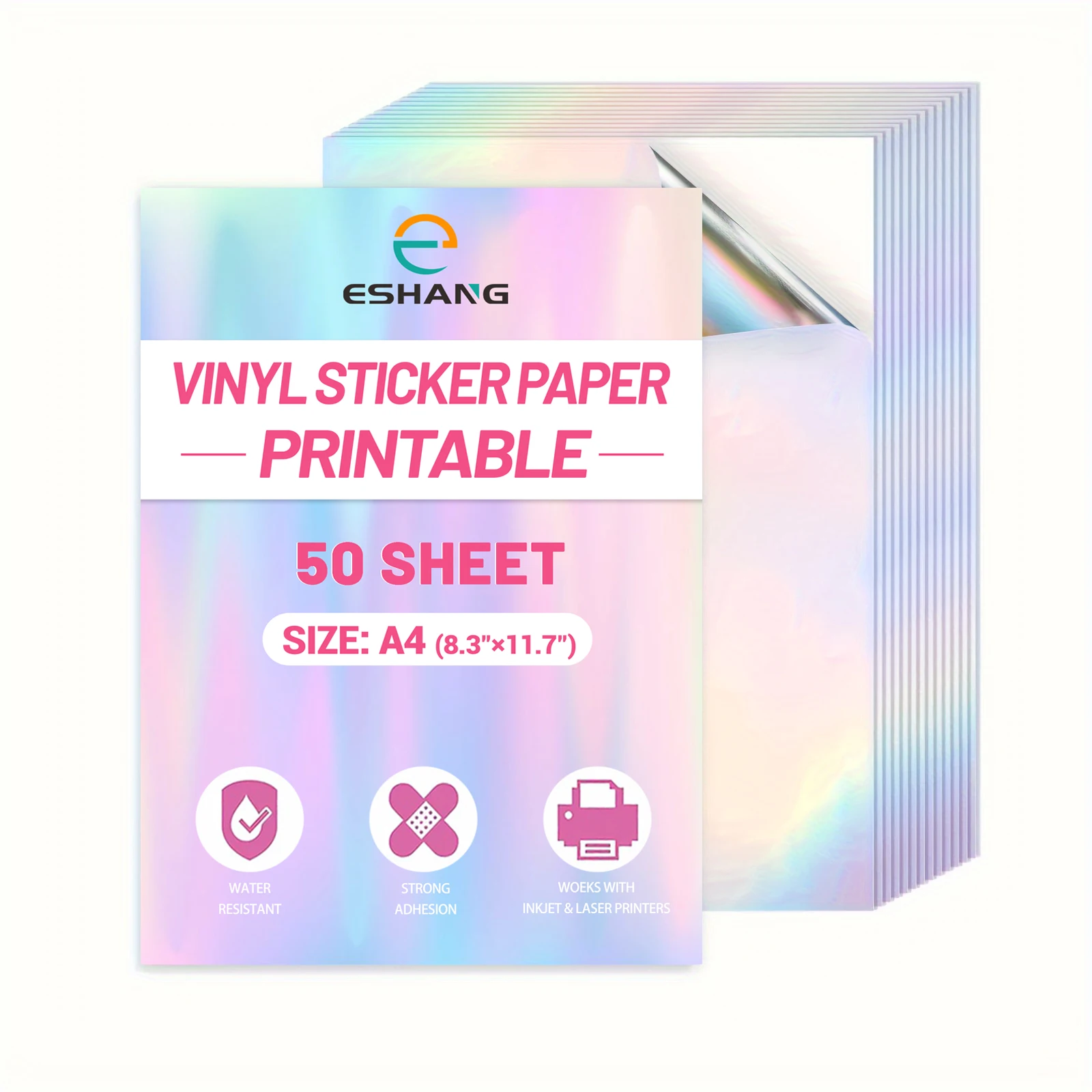 50 Blatt holografisches, regenbogenfarbenes, bedruckbares Vinyl-Aufkleberpapier im A4-Format, 8,3 x 11,7 Zoll, wasserfestes Aufkleberpapier, Regenbogenfarben, für Tintenstrahldrucker Image