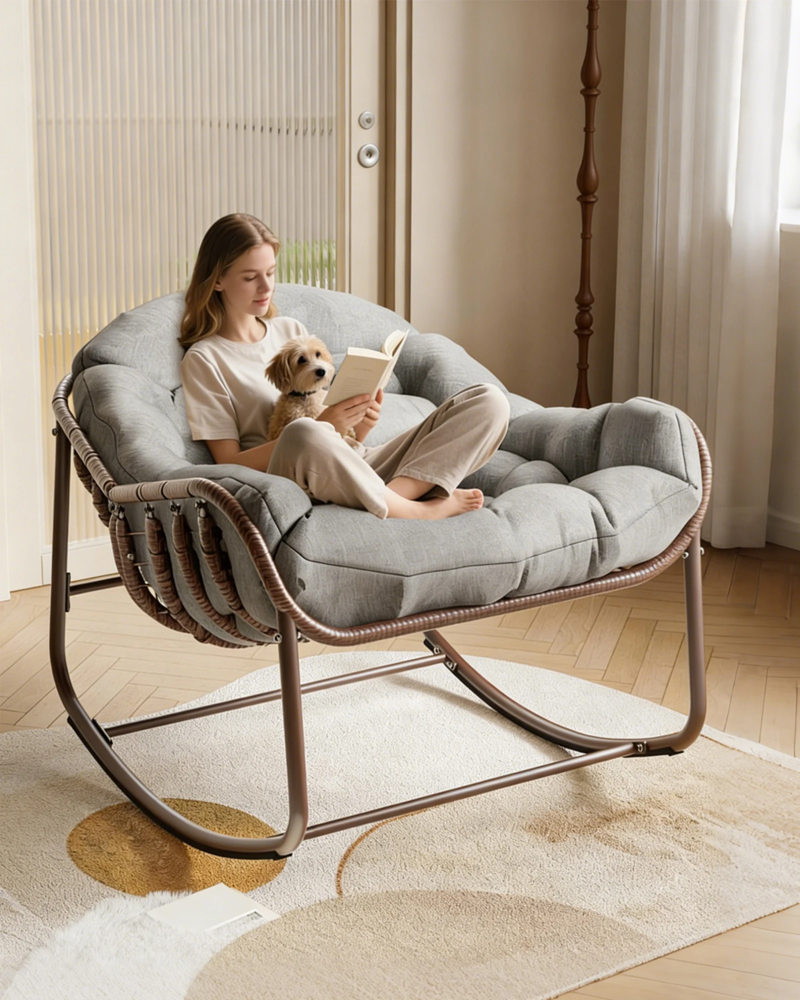 Egg Swing Chair, Papasan-Schaukelstuhl für den Außenbereich mit Kissen, pulverbeschichteter Stahlrahmen, für Terrasse, Garten, Balkon Image