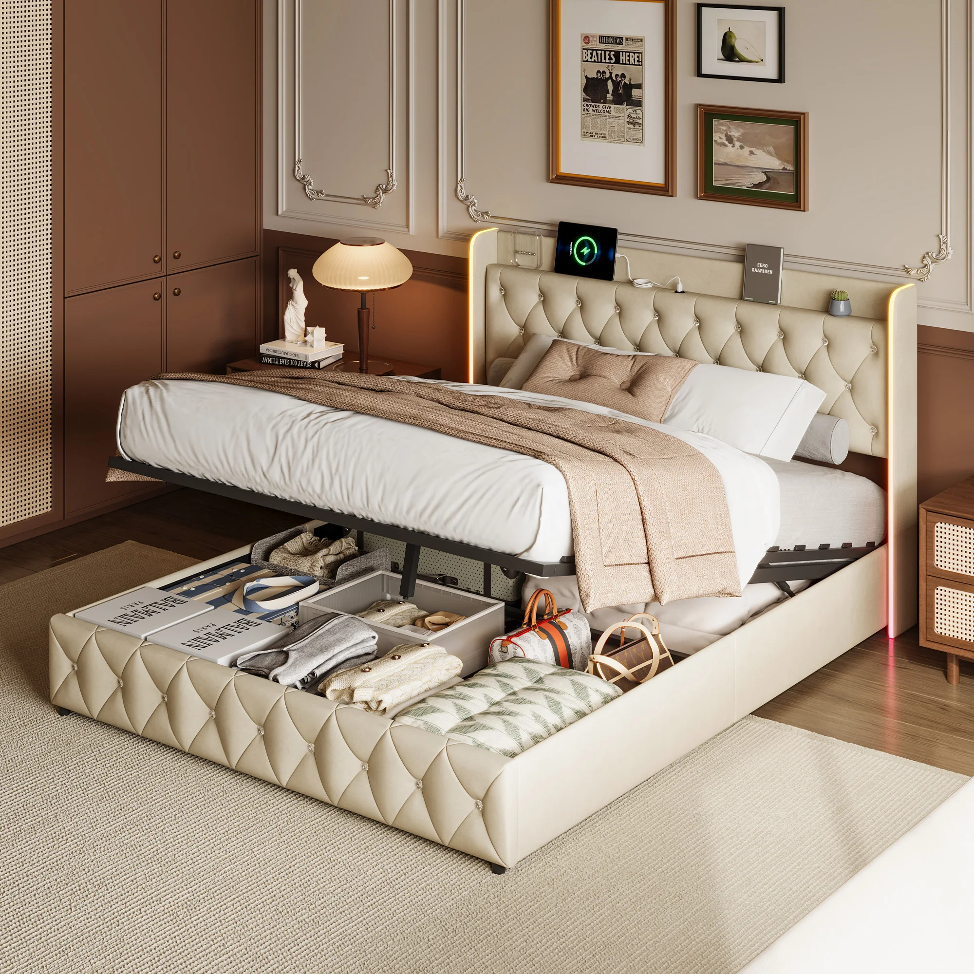 Anajqaqia 140×200/160×200cm Hydraulisches Stauraumbett, Gepolstertes Doppelbett, mit LED-Beleuchtung und Ladeanschluss, Samt, Beige Image