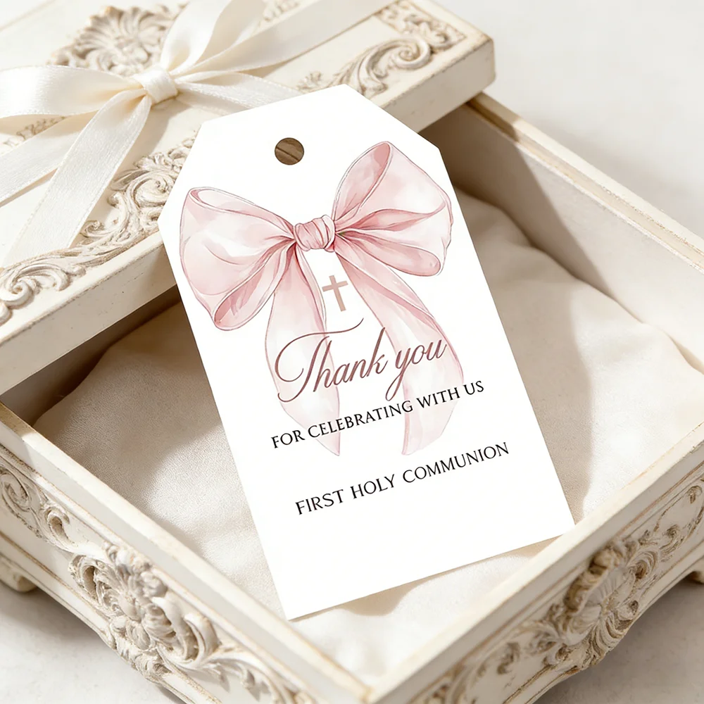 10 Stück Erstkommunion-Dankeschön-Geschenkanhänger mit rosa Kokett-Schleife, Taufgeschenke für Gäste, niedliche Taufandenken für Mädchen Image