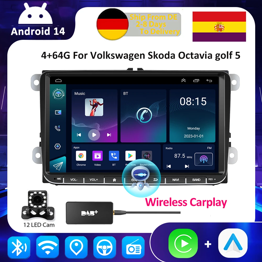 ESSGOO Android 14 Auto Stereo Carplay Für Volkswagen Passat b6 b7 golf 5 6 Polo Jetta Skoda Auto Multimedia Player GPS WiFi RDS Image