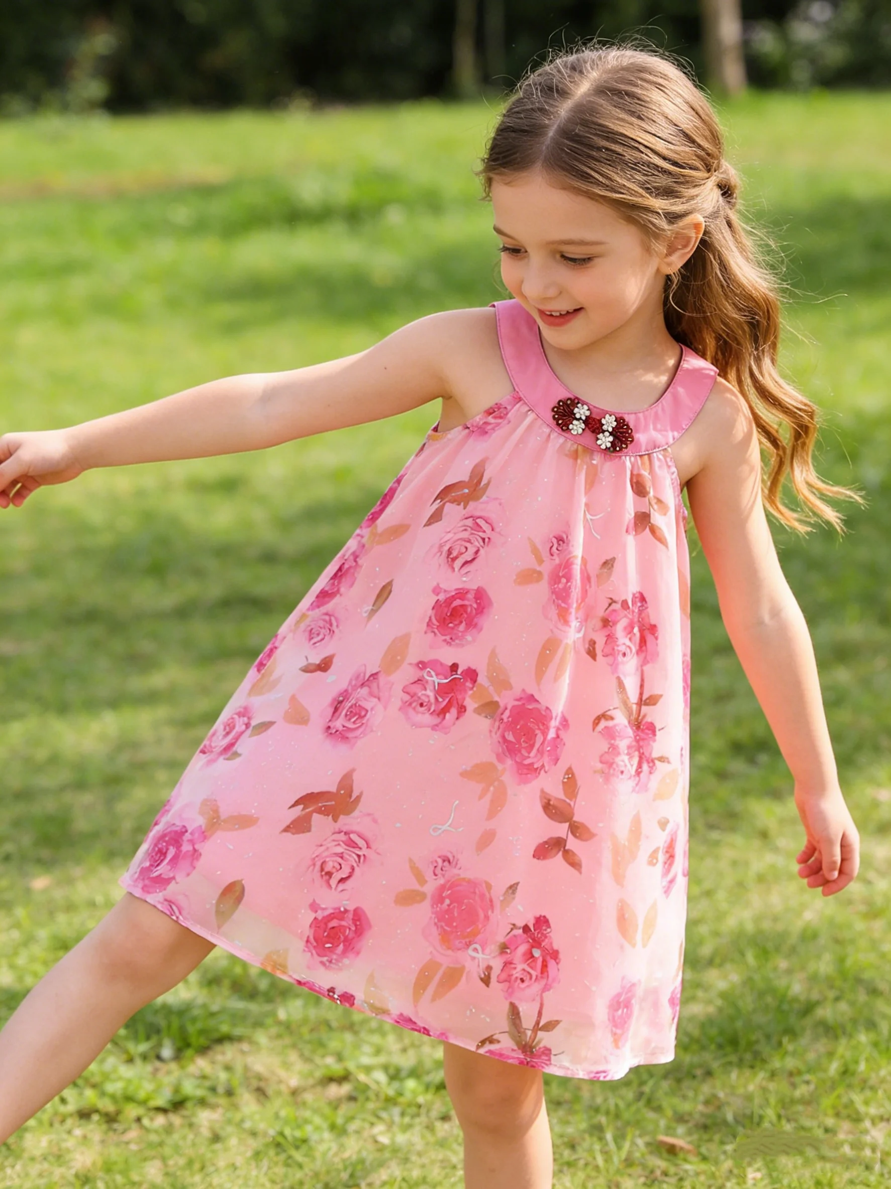 Mädchen Rosa Rosen-Print Neckholder Prinzessinnenkleid Kinder Pailletten Tüllkleid Elegante Partykleidung für Kinder