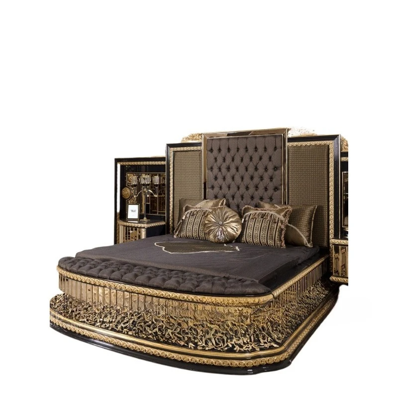 Massivholzbett im europäischen Stil, italienische Hofskulptur, Blumenmuster, weiches Stoffbezug Image