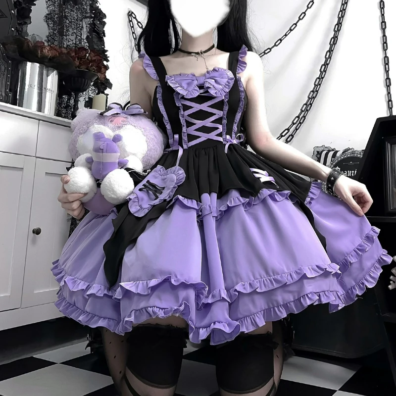 Viktoria nische Gothic Lolita Jsk Kleid Frauen Harajuku Y2k Bogen Rüschen Abend party Kleider lila Punk-Stil schlanke Bandage süßes Kleid